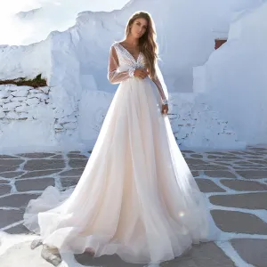 A-Line Beach Wedding Dresses V-Neck Illusion Long Sleeve Beaded Court Train