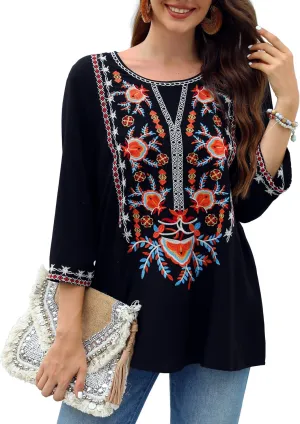 AK Women's Summer V Neck Boho Embroidered Mexican Shirts Short Sleeve Casual Tops Blouse