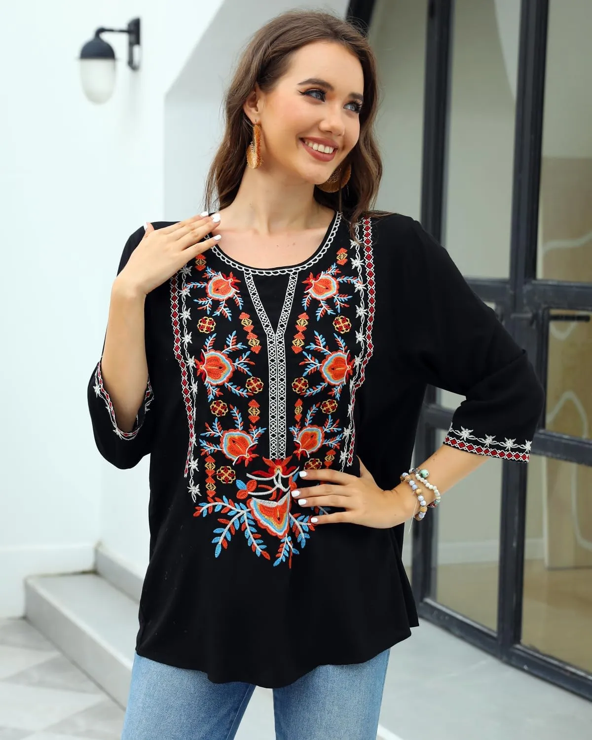 AK Women's Summer V Neck Boho Embroidered Mexican Shirts Short Sleeve Casual Tops Blouse