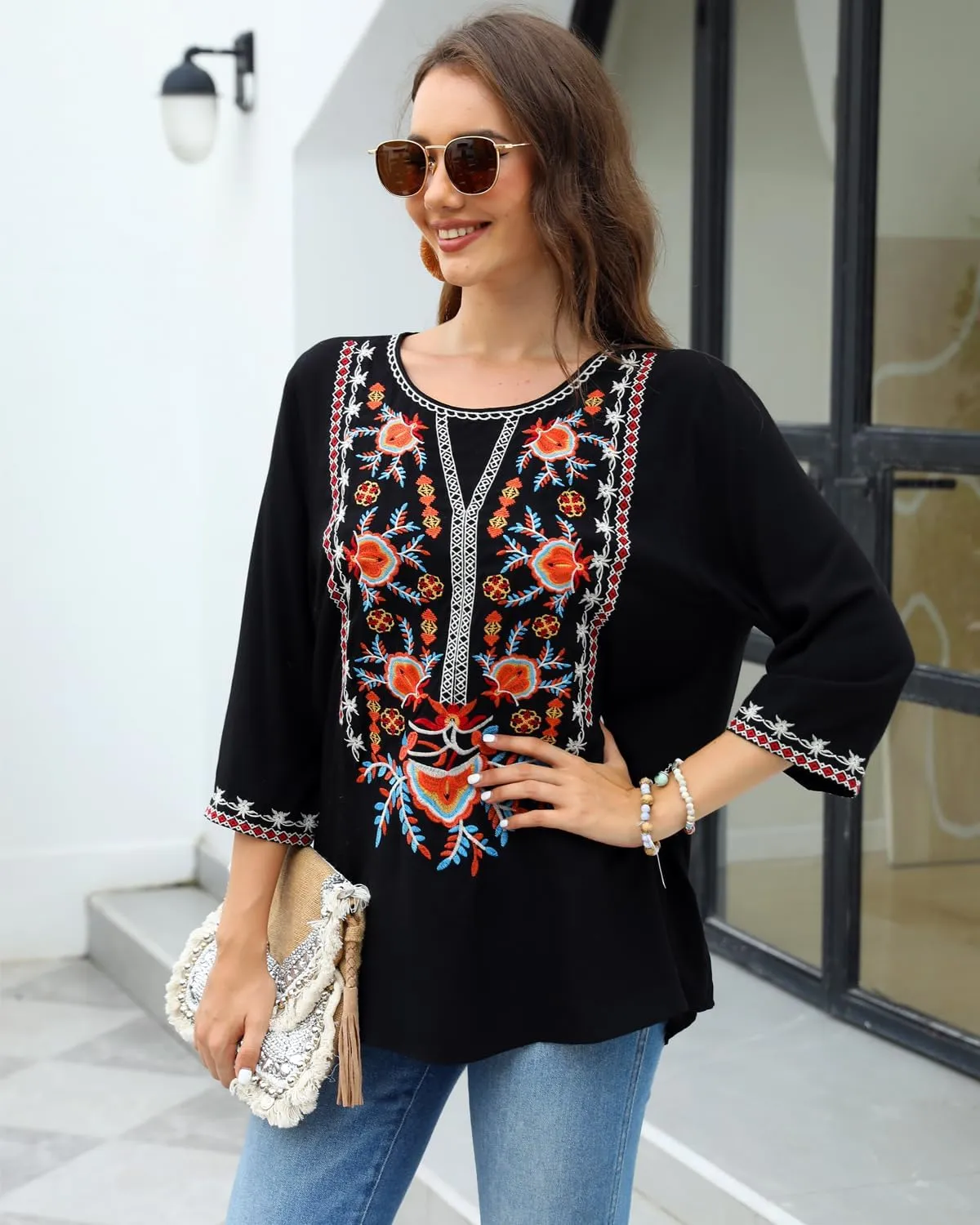 AK Women's Summer V Neck Boho Embroidered Mexican Shirts Short Sleeve Casual Tops Blouse