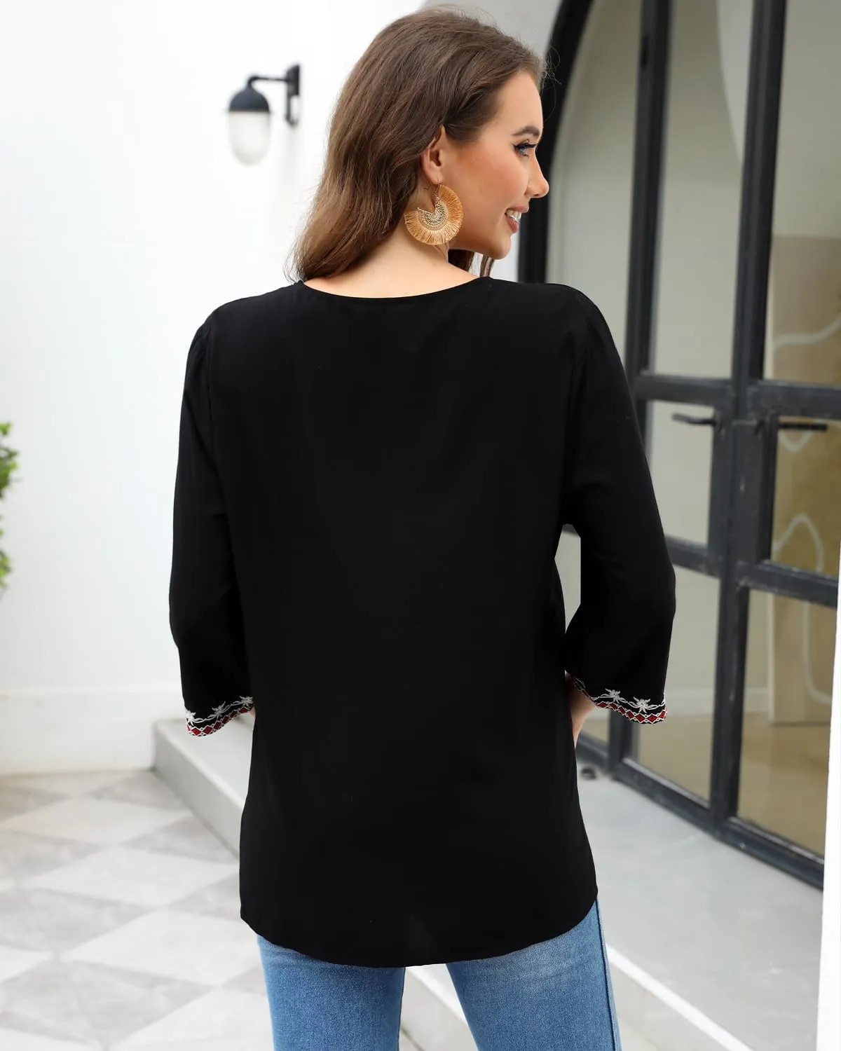 AK Women's Summer V Neck Boho Embroidered Mexican Shirts Short Sleeve Casual Tops Blouse