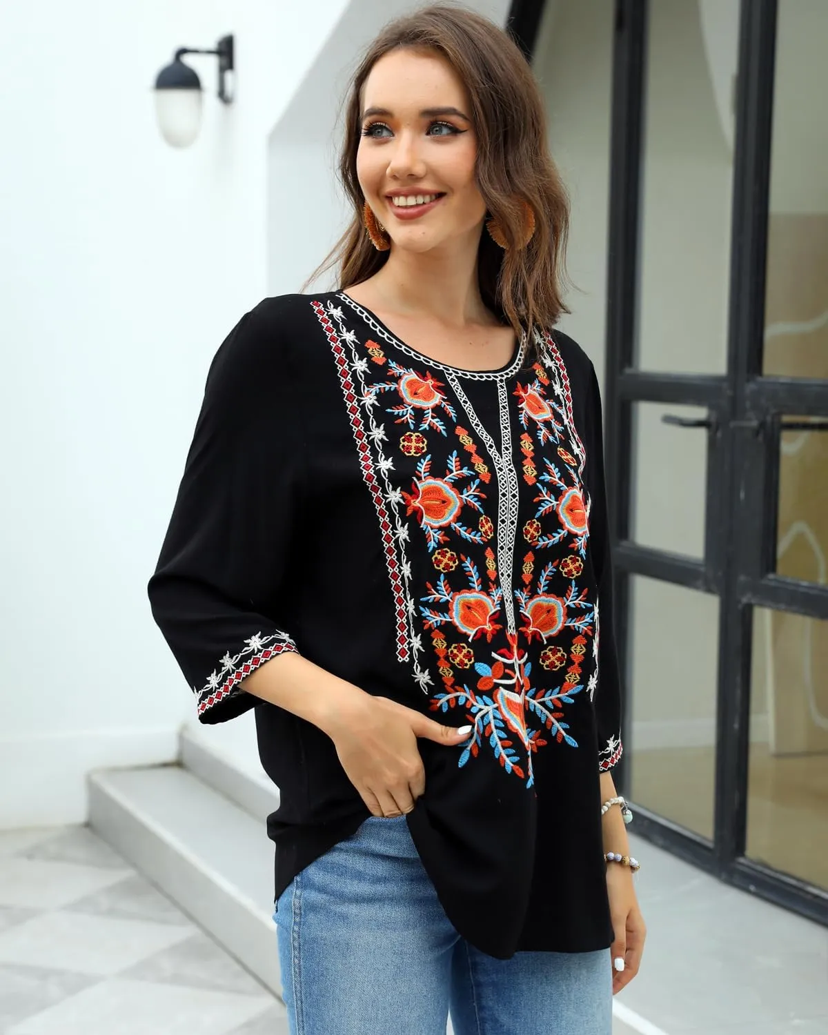 AK Women's Summer V Neck Boho Embroidered Mexican Shirts Short Sleeve Casual Tops Blouse
