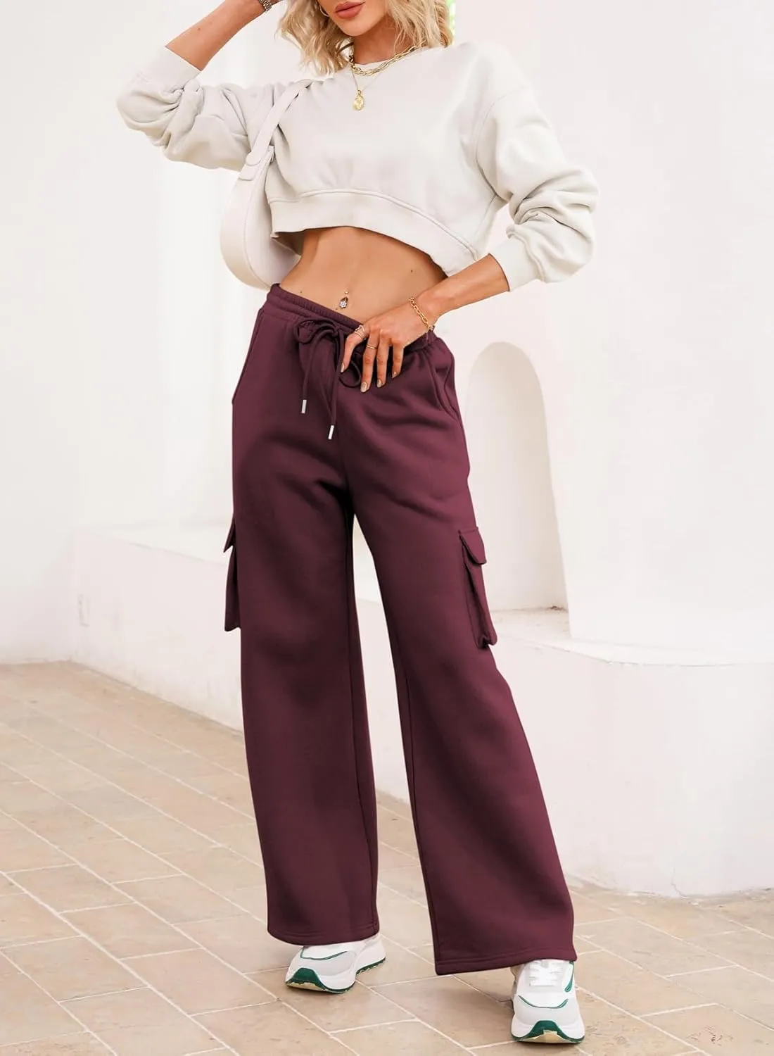 Aleumdr Women High Waisted Drawstring Wide Leg Cargo Pants 2025 Trendy Casual Baggy Joggers Pants with Pockets