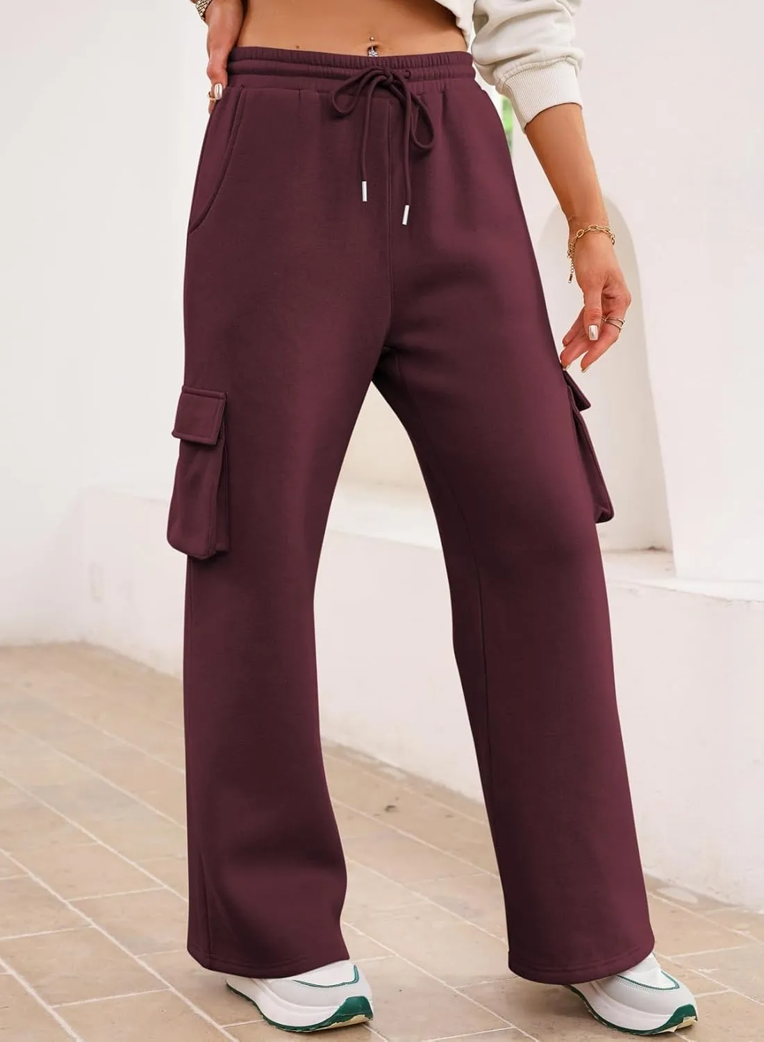 Aleumdr Women High Waisted Drawstring Wide Leg Cargo Pants 2025 Trendy Casual Baggy Joggers Pants with Pockets