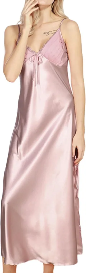 ASHER FASHION Women's Sexy Satin Long Nightgown Lace Slip Lingerie Chemise Robes