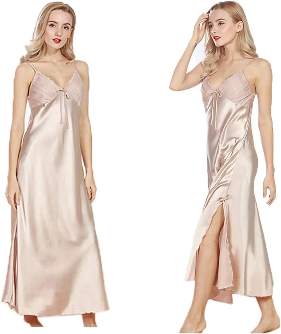 ASHER FASHION Women's Sexy Satin Long Nightgown Lace Slip Lingerie Chemise Robes