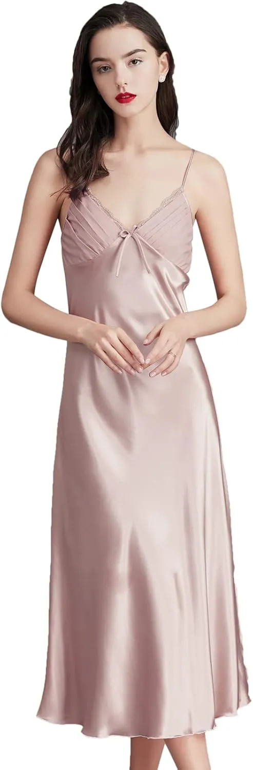 ASHER FASHION Women's Sexy Satin Long Nightgown Lace Slip Lingerie Chemise Robes