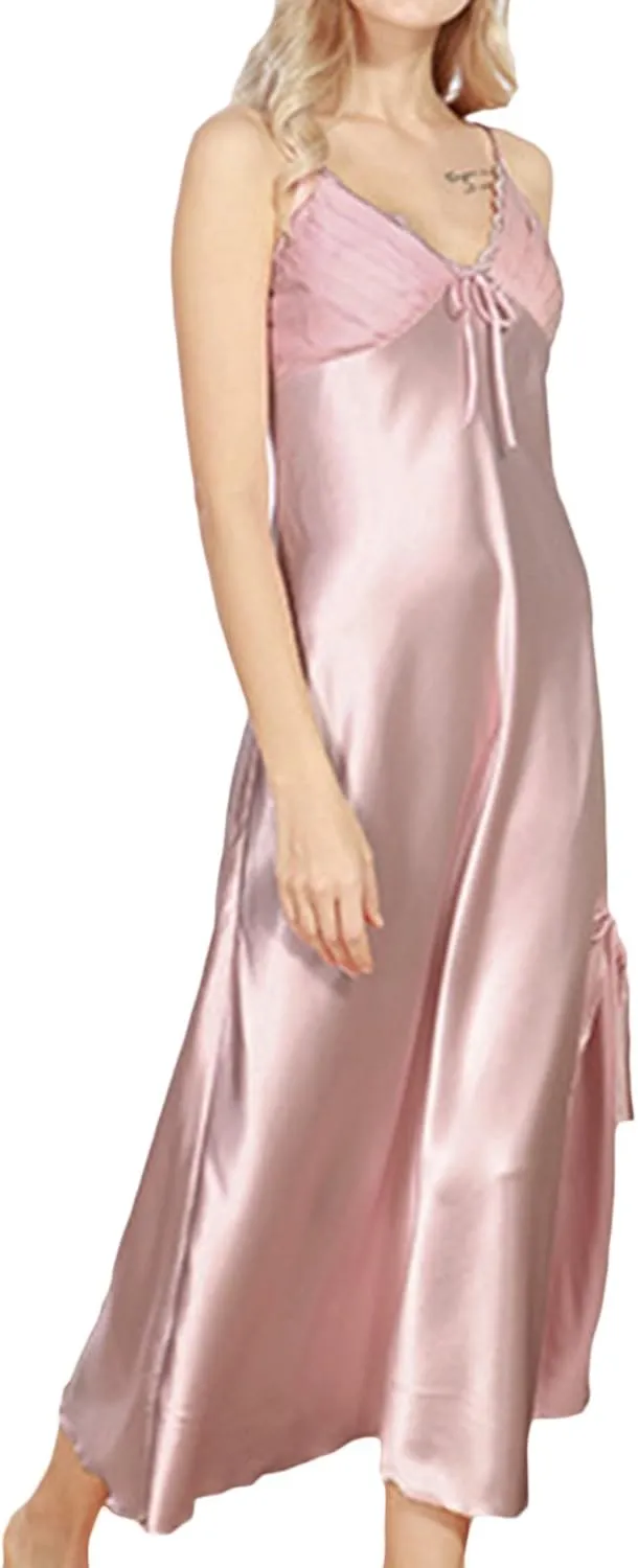 ASHER FASHION Women's Sexy Satin Long Nightgown Lace Slip Lingerie Chemise Robes