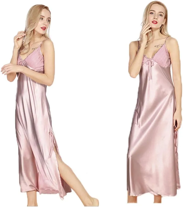 ASHER FASHION Women's Sexy Satin Long Nightgown Lace Slip Lingerie Chemise Robes