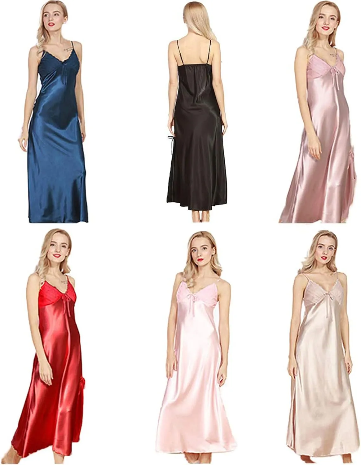 ASHER FASHION Women's Sexy Satin Long Nightgown Lace Slip Lingerie Chemise Robes