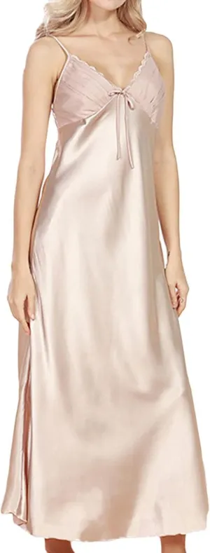 ASHER FASHION Women's Sexy Satin Long Nightgown Lace Slip Lingerie Chemise Robes