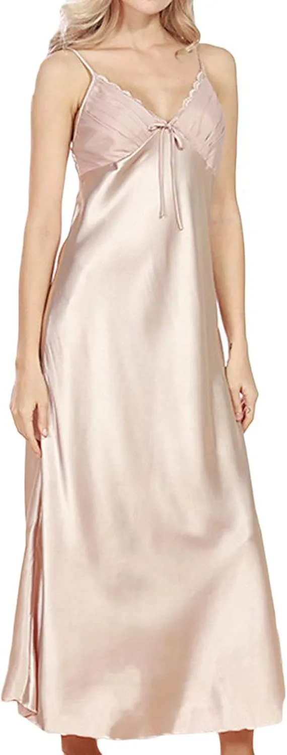 ASHER FASHION Women's Sexy Satin Long Nightgown Lace Slip Lingerie Chemise Robes