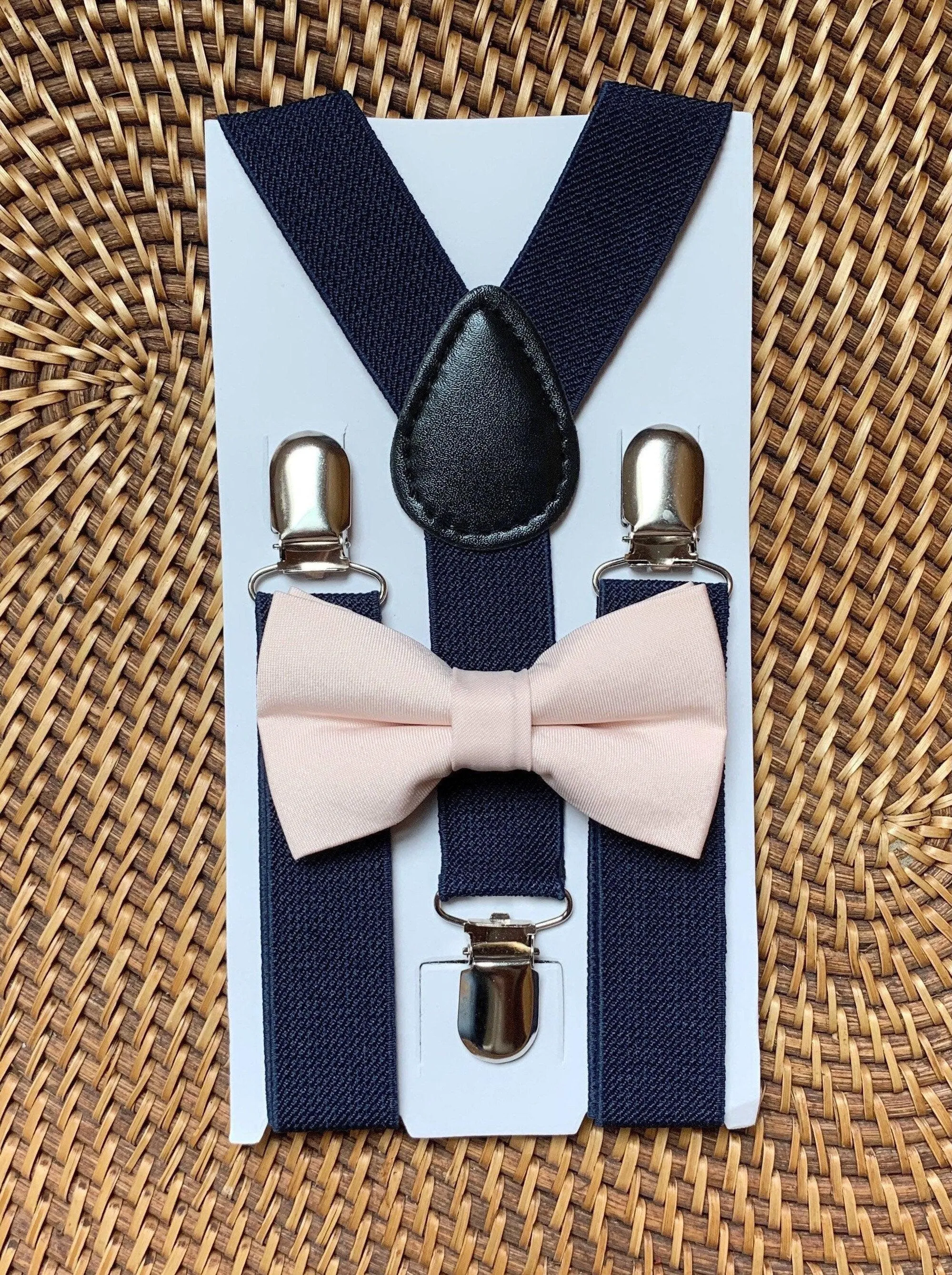 Blush Bow Tie & Navy Blue Suspenders Set