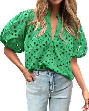 BTFBM Womens Casual Summer Blouse 2025 Hollow Out Eyelet Embroidery Tops V Neck Buttons Puff Short Sleeve Boho Shirts