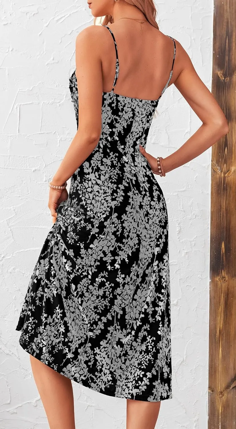 BTFBM Women's Summer Dress Sleeveless Spaghetti Strap Midi Dress Sexy Cowl Neck Floral Cocktail Dress Party Dresses