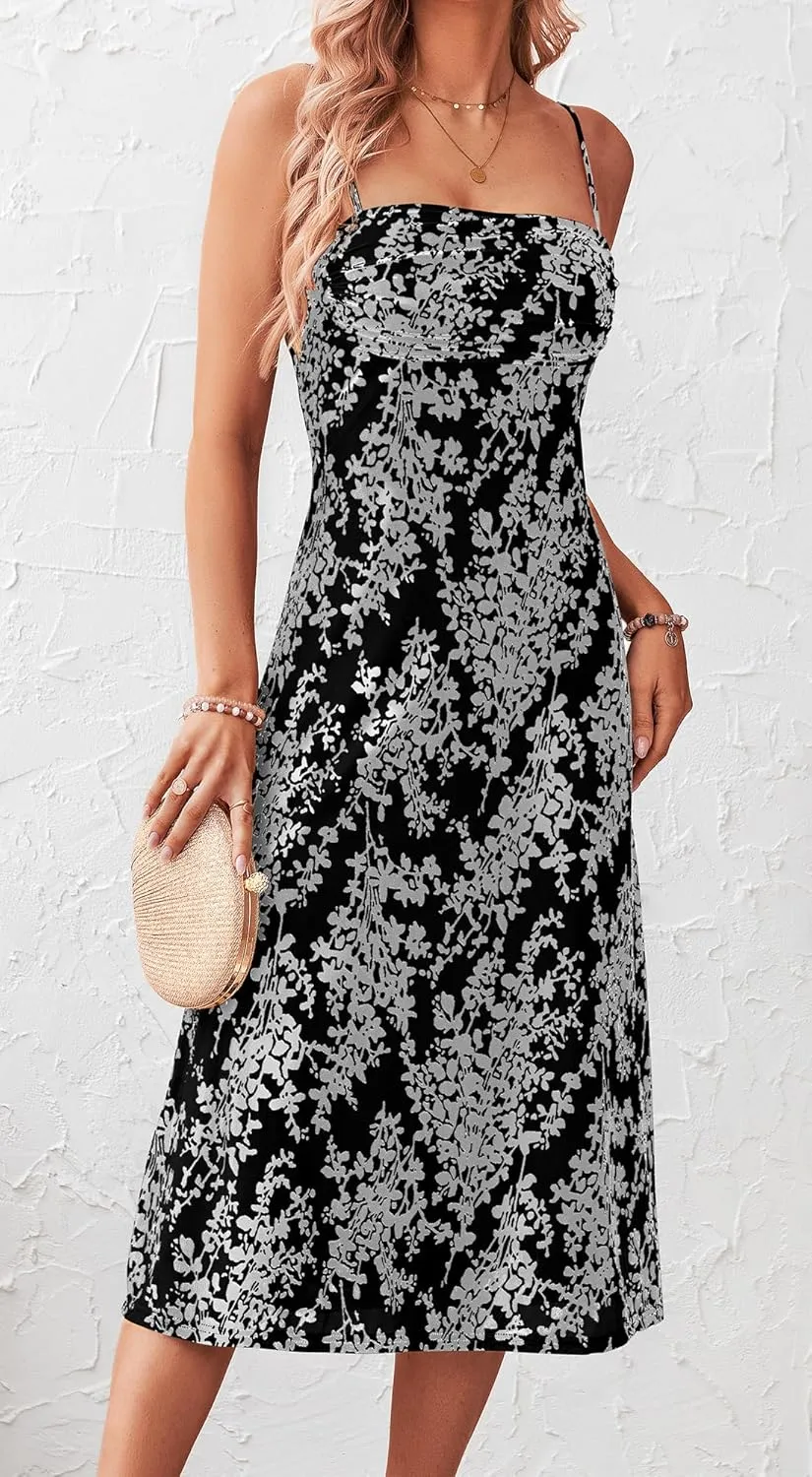 BTFBM Women's Summer Dress Sleeveless Spaghetti Strap Midi Dress Sexy Cowl Neck Floral Cocktail Dress Party Dresses