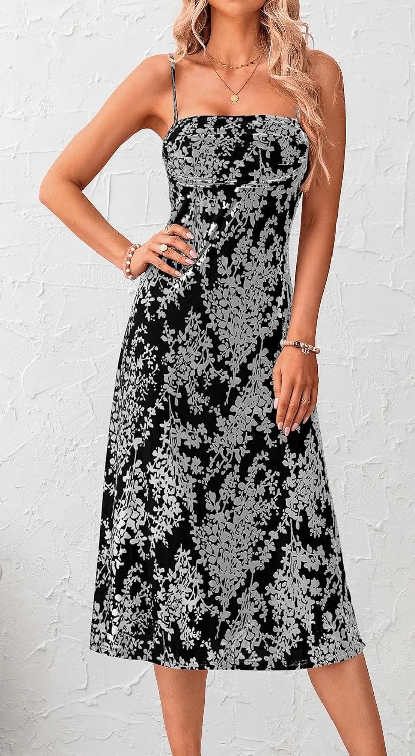 BTFBM Women's Summer Dress Sleeveless Spaghetti Strap Midi Dress Sexy Cowl Neck Floral Cocktail Dress Party Dresses