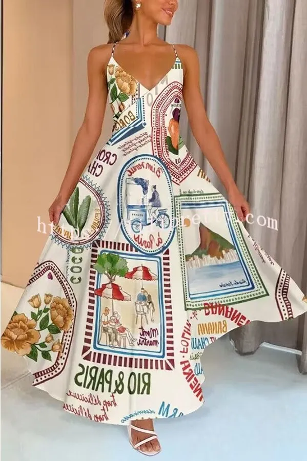 Charm and Candor Unique Print Wrap Swing Suspenders Maxi Dress