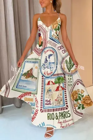 Charm and Candor Unique Print Wrap Swing Suspenders Maxi Dress
