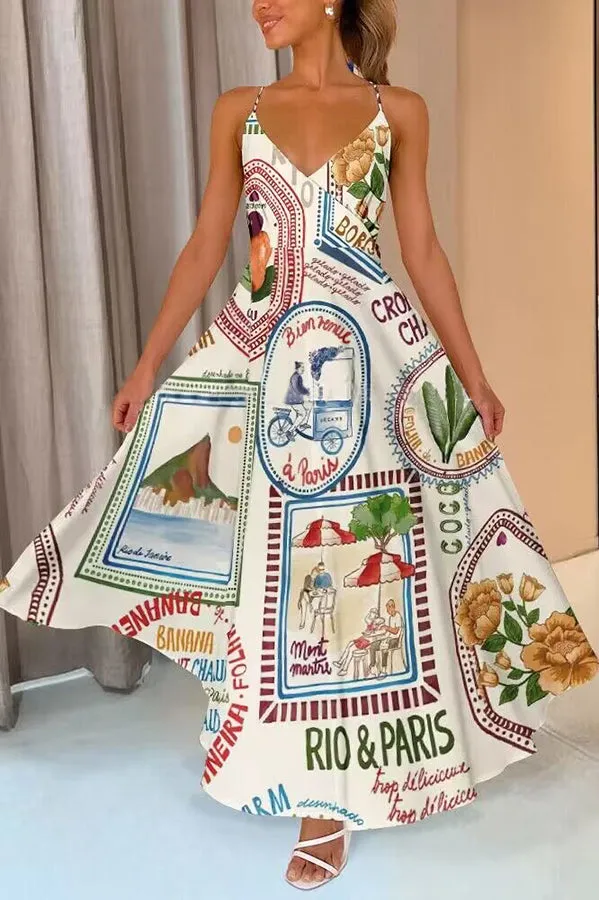 Charm and Candor Unique Print Wrap Swing Suspenders Maxi Dress