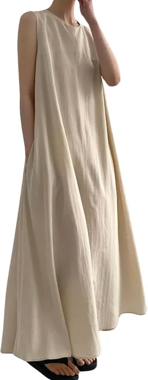 CHARTOU Women Casual Cotton Linen Sleeveless Maxi Dress Ruffle Shift Dress Flowy Beach Summer Long Tank Dress