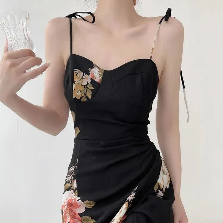 Chic Vintage Floral Print Lace Up Split Slip Dress