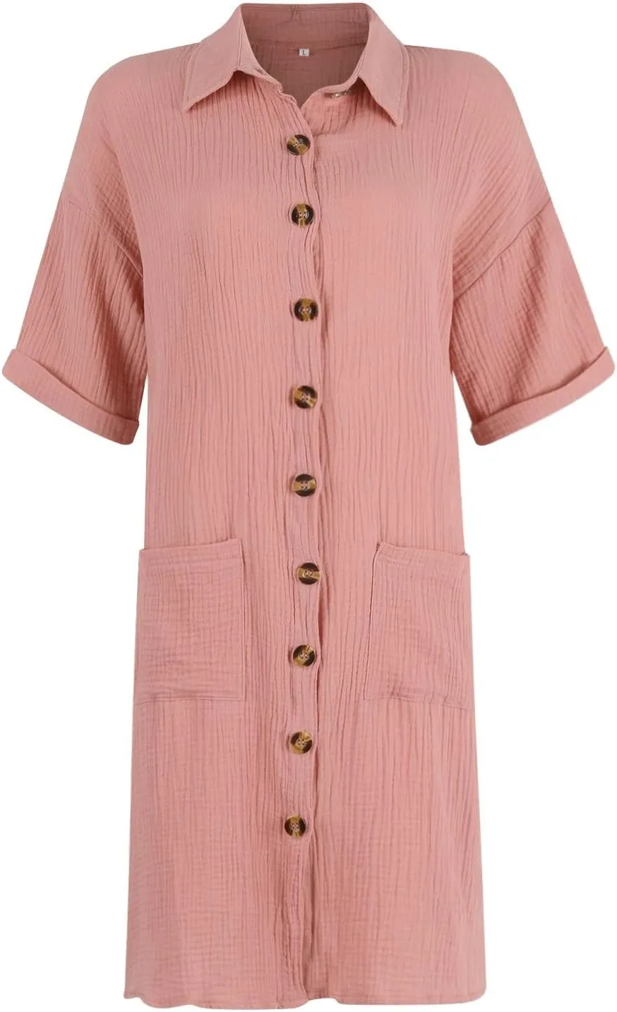 Cotton Linen Shirt Dresses for Women Casual Summer Button Down Short Rolled Sleeve V Neck Dress Loose Comfy Midi Dress