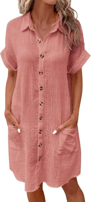 Cotton Linen Shirt Dresses for Women Casual Summer Button Down Short Rolled Sleeve V Neck Dress Loose Comfy Midi Dress