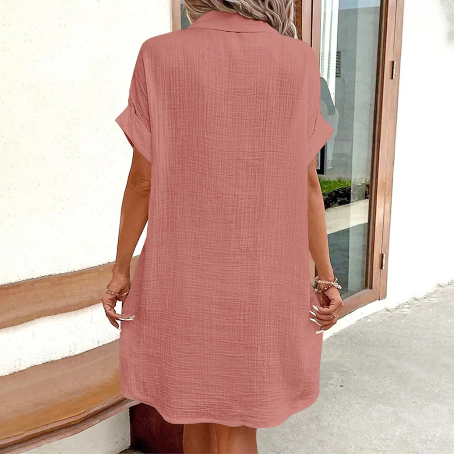 Cotton Linen Shirt Dresses for Women Casual Summer Button Down Short Rolled Sleeve V Neck Dress Loose Comfy Midi Dress