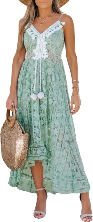 CUPSHE Women's Summer Dresses Sleeveless Lace Casual Tassel Beach Spaghetti Straps Flowy Maxi Sun Dress