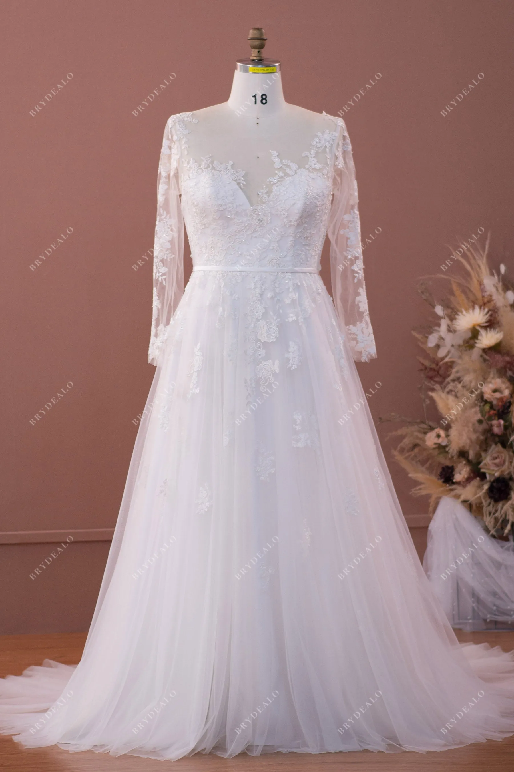Designer Lace Plus Size Illusion Neck A-line Wedding Dress