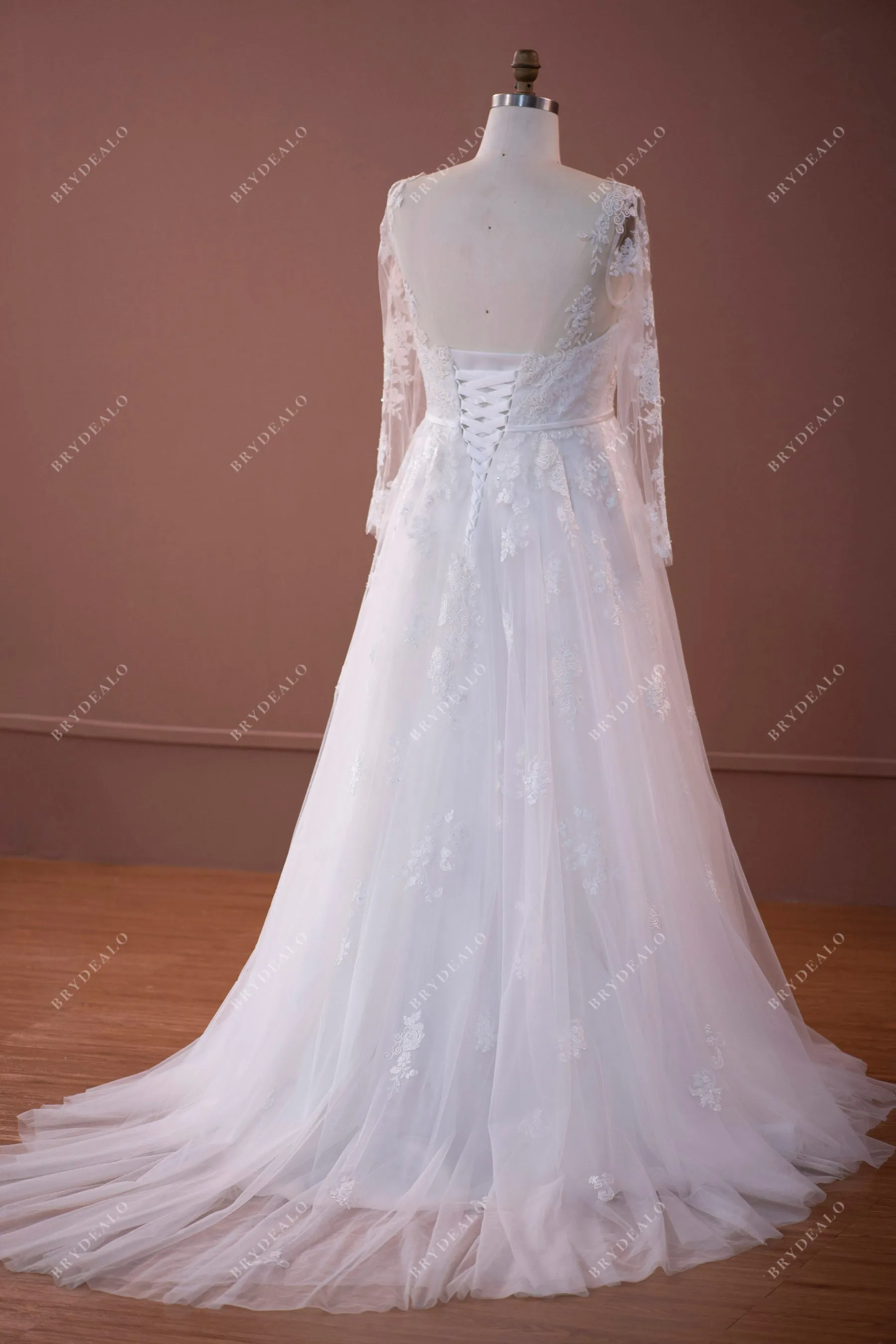 Designer Lace Plus Size Illusion Neck A-line Wedding Dress