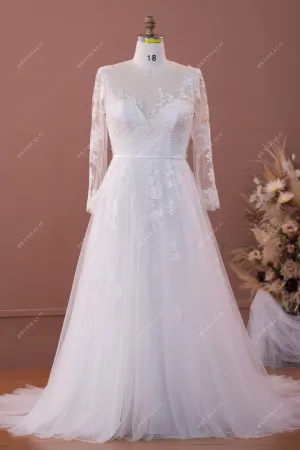 Designer Lace Plus Size Illusion Neck A-line Wedding Dress