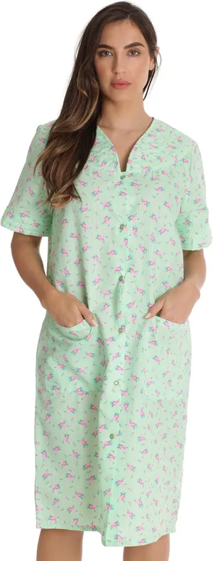 Dreamcrest Short Sleeve Seersucker Duster Snap-Front House Coat with Pockets