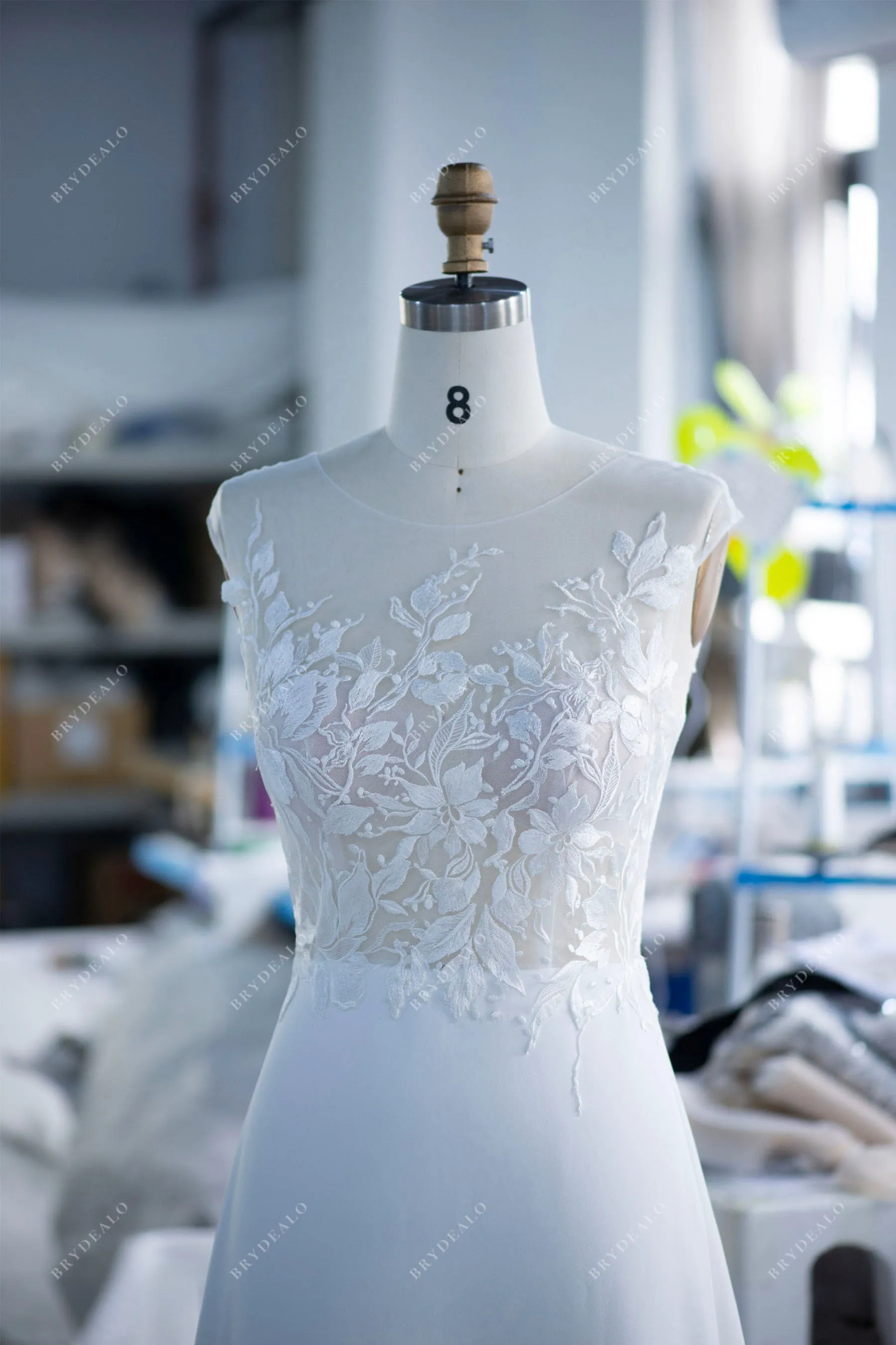 Elegant Cap Sleeve Lace Crepe Mermaid Spring Fall Bridal Gown