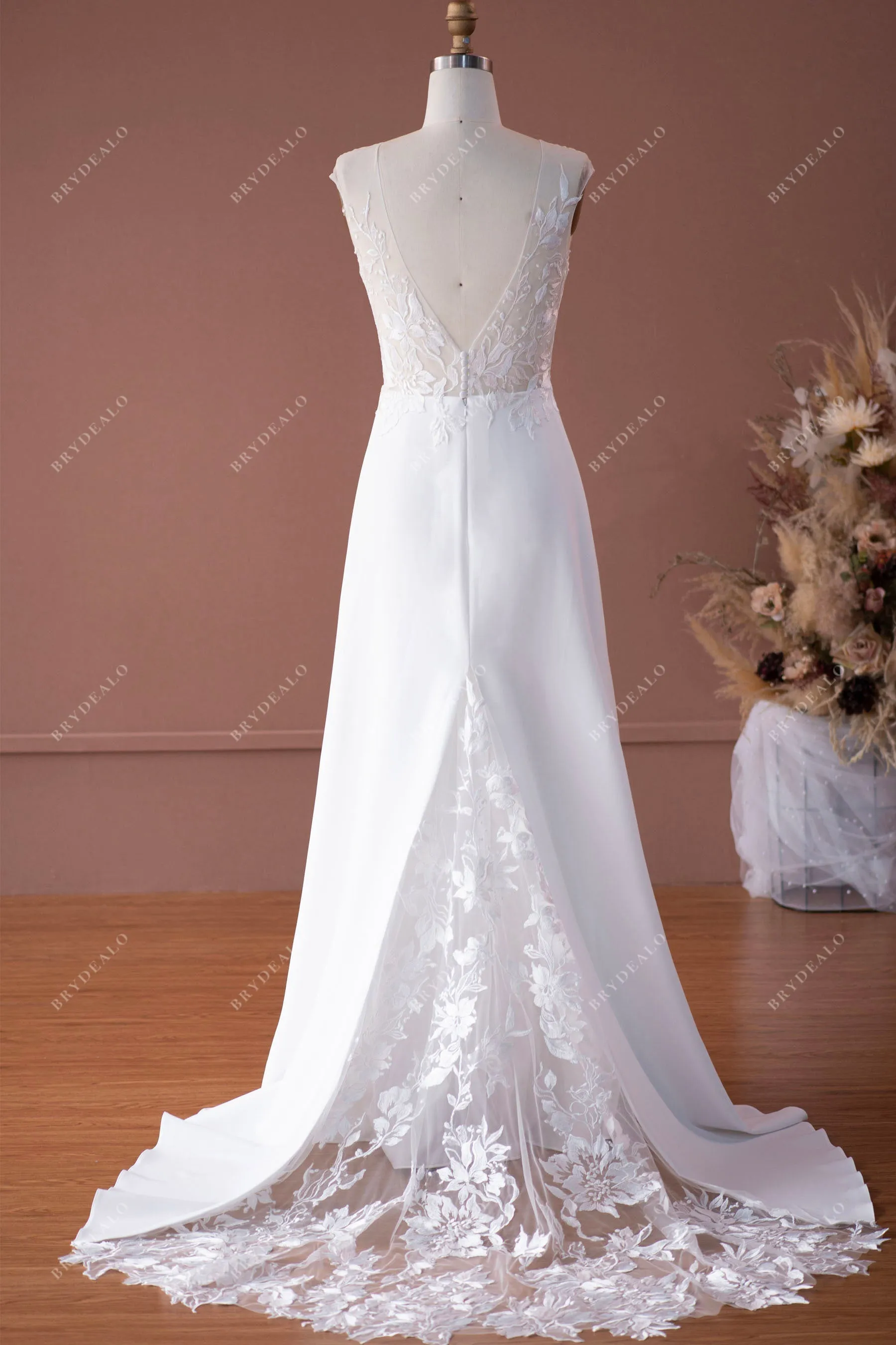 Elegant Cap Sleeve Lace Crepe Mermaid Spring Fall Bridal Gown