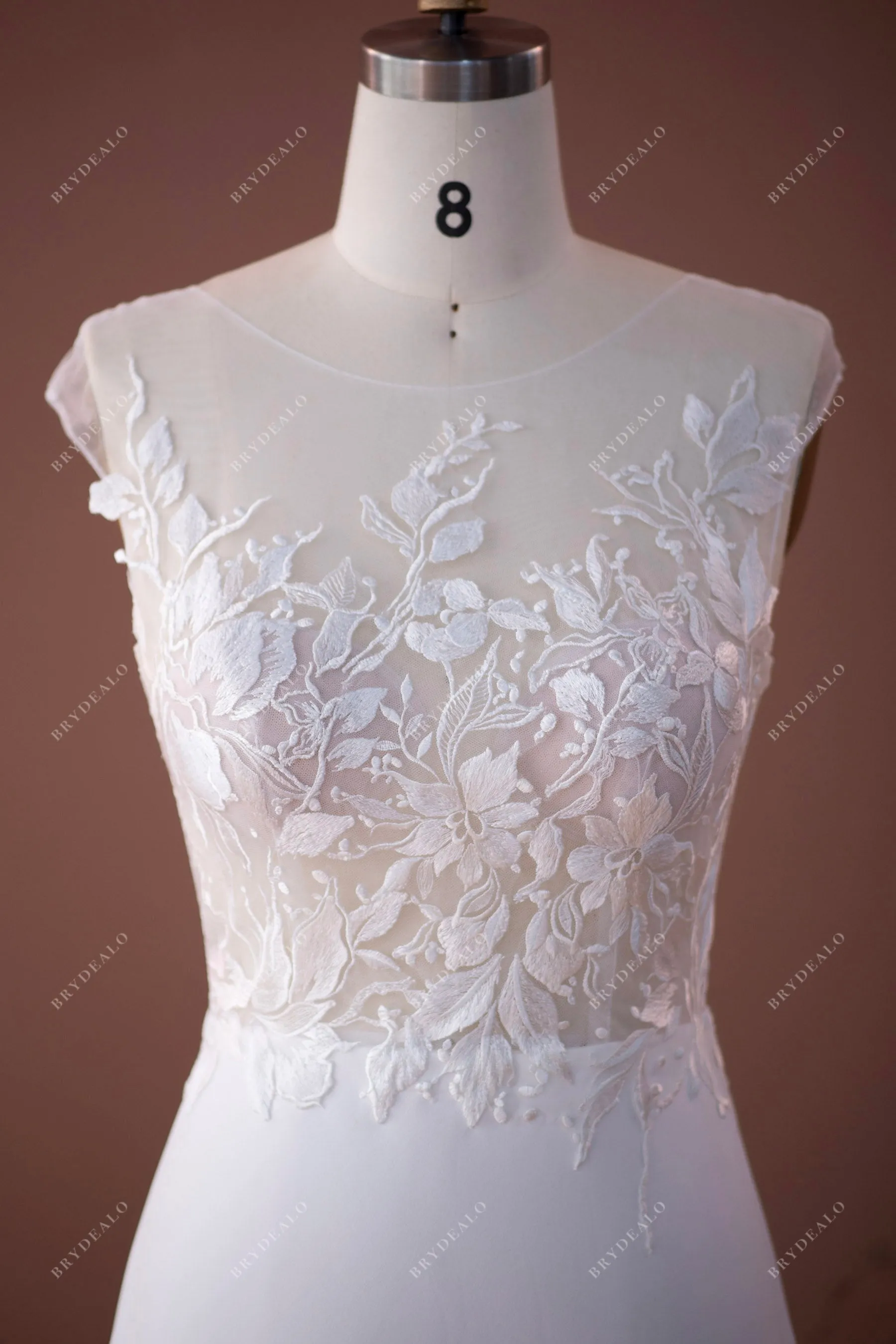 Elegant Cap Sleeve Lace Crepe Mermaid Spring Fall Bridal Gown