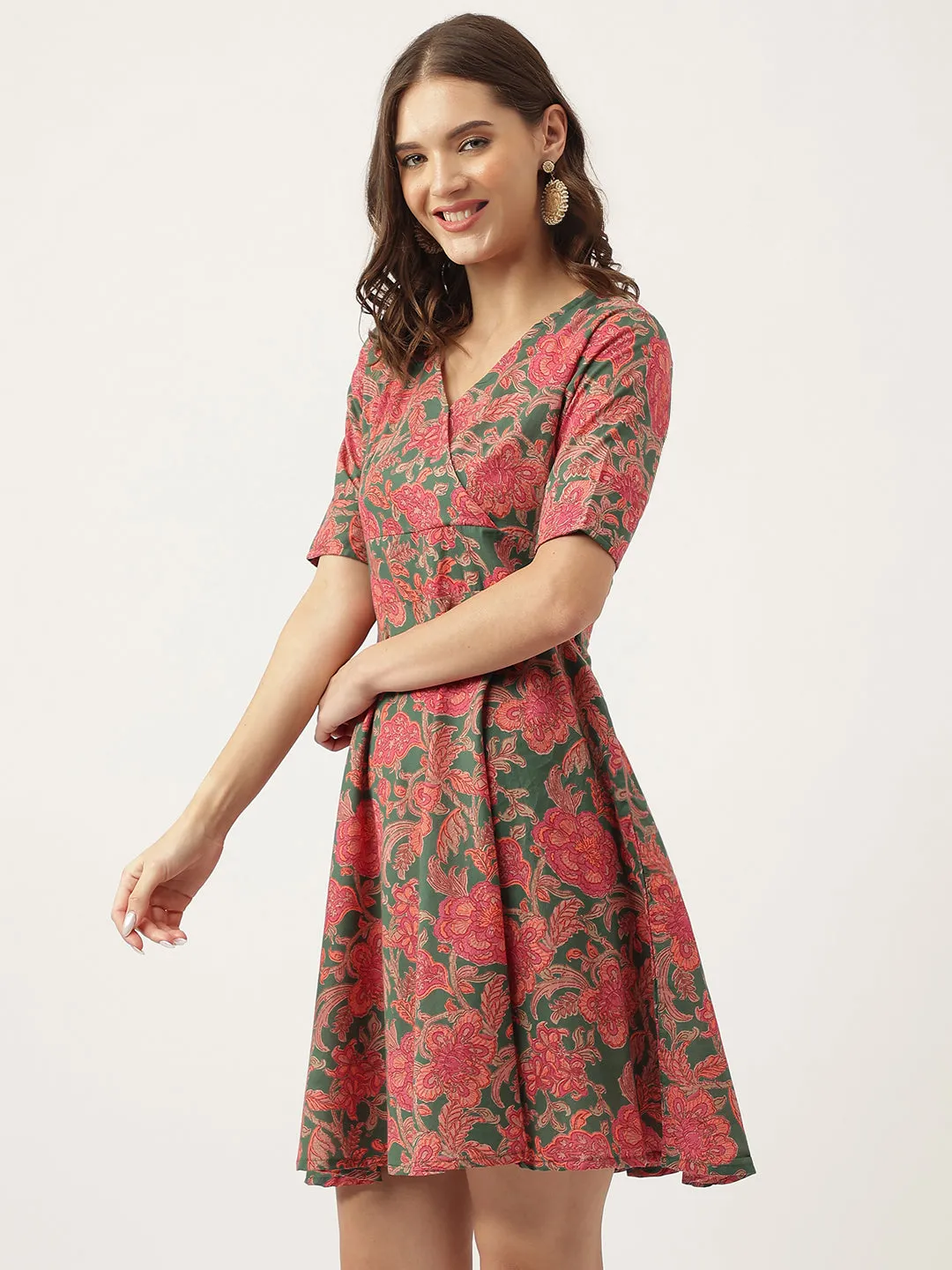 Grey Pink Floral Printed Cotton Fit & Flare Dress