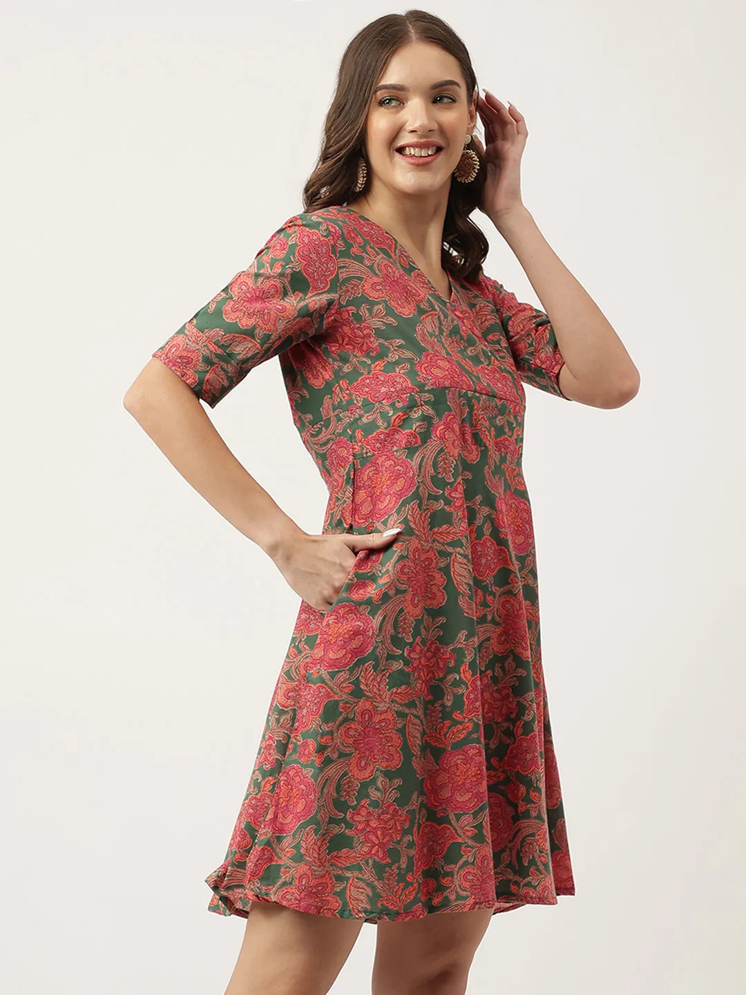 Grey Pink Floral Printed Cotton Fit & Flare Dress