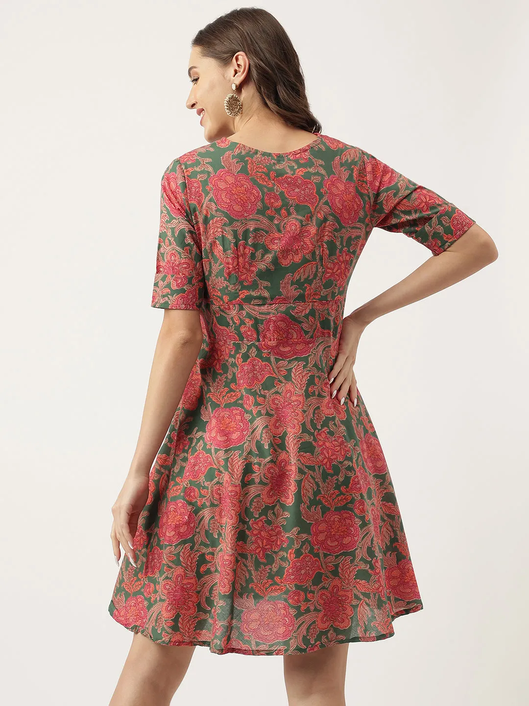 Grey Pink Floral Printed Cotton Fit & Flare Dress