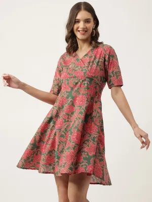 Grey Pink Floral Printed Cotton Fit & Flare Dress