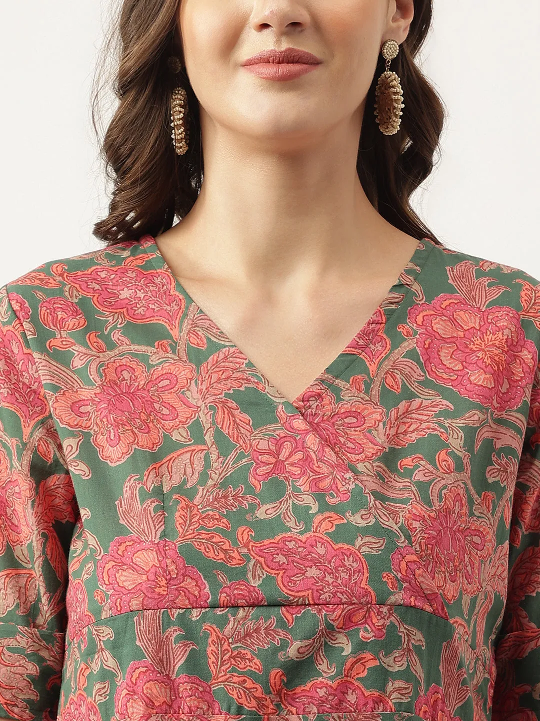 Grey Pink Floral Printed Cotton Fit & Flare Dress