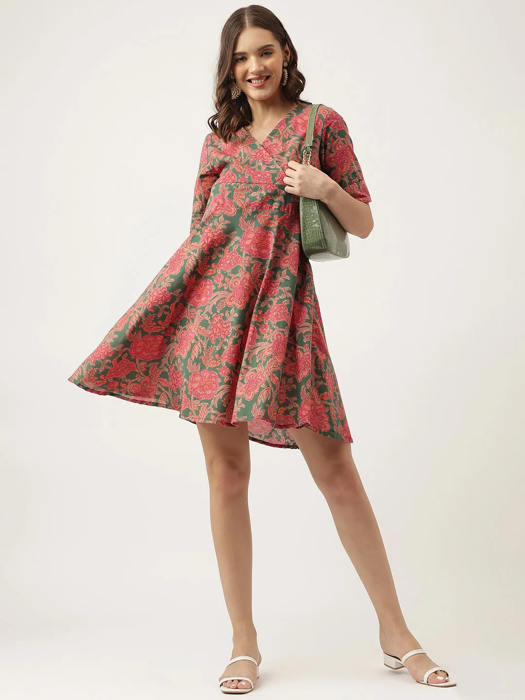 Grey Pink Floral Printed Cotton Fit & Flare Dress