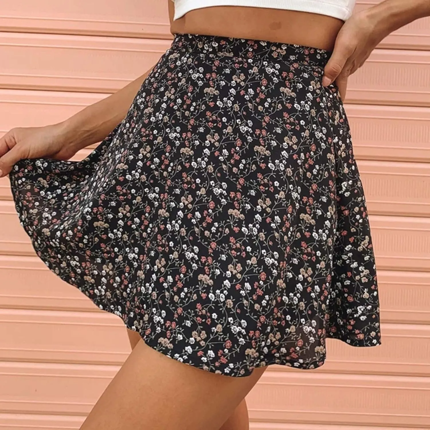 High Waist Mini Skirt Chiffon Zipper Women Fashion Floral skirts for women trendy Harajuku Black A-Line Summer Short Skirt