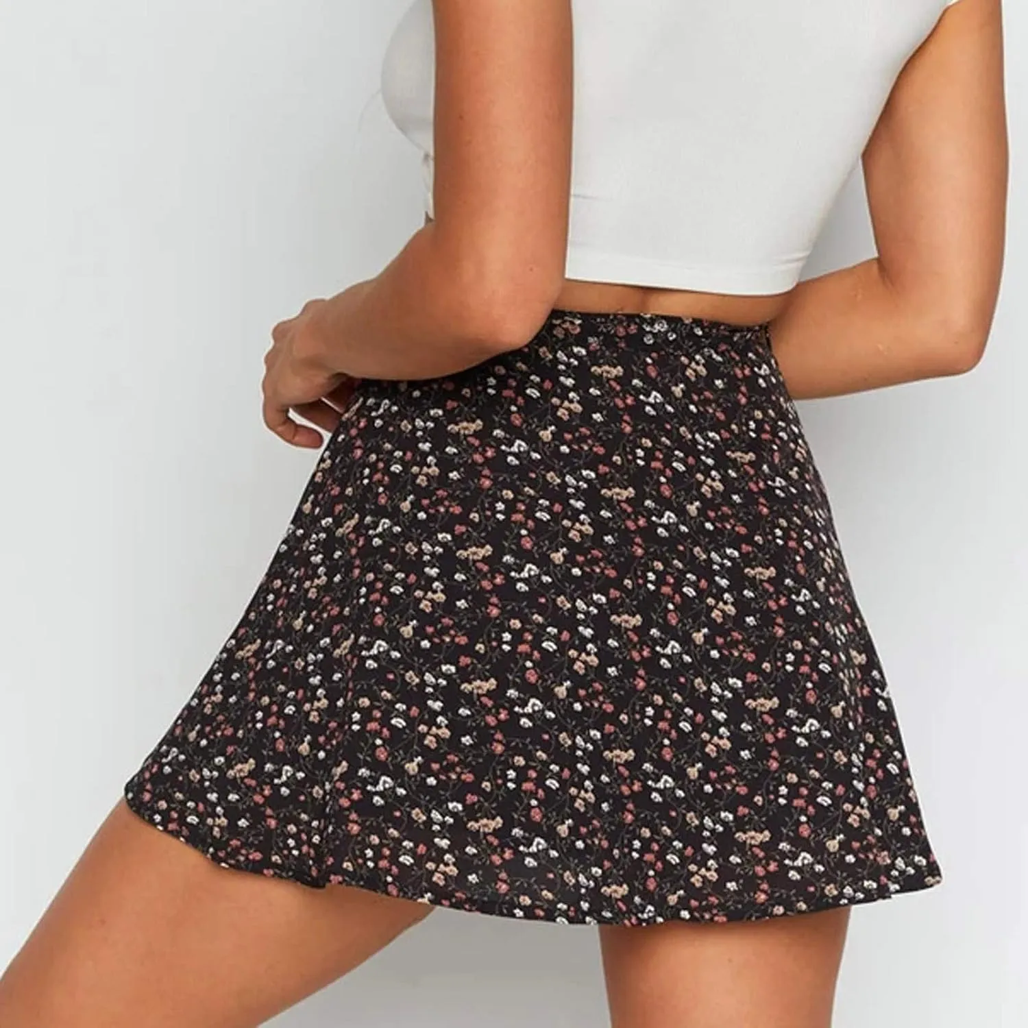 High Waist Mini Skirt Chiffon Zipper Women Fashion Floral skirts for women trendy Harajuku Black A-Line Summer Short Skirt