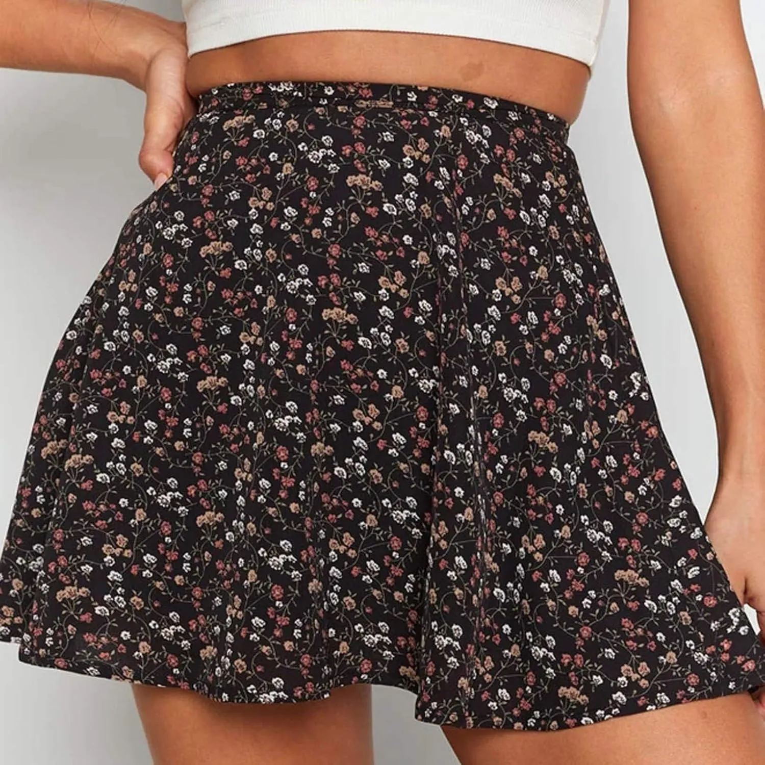 High Waist Mini Skirt Chiffon Zipper Women Fashion Floral skirts for women trendy Harajuku Black A-Line Summer Short Skirt