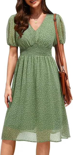 Holipick Women Summer Casual Dress Boho Floral V Neck Short Sleeves Smocked Waist Chiffon Swing Knee Length Dresses