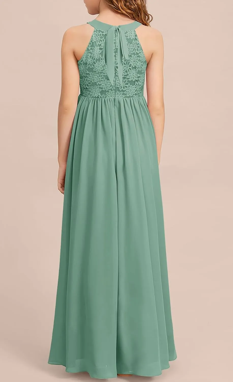 HOSIKA Girls Halter Neck Sleeveless Elegant Lace Chiffon A-line Long Flower Girl Dress for Wedding Party 6-12 Y