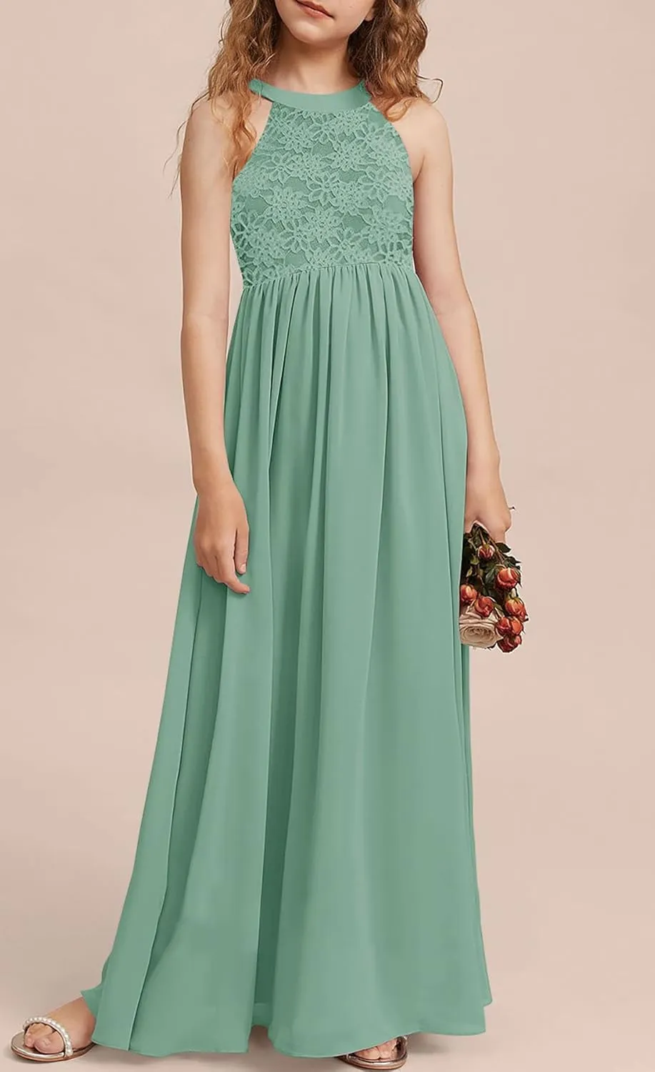HOSIKA Girls Halter Neck Sleeveless Elegant Lace Chiffon A-line Long Flower Girl Dress for Wedding Party 6-12 Y