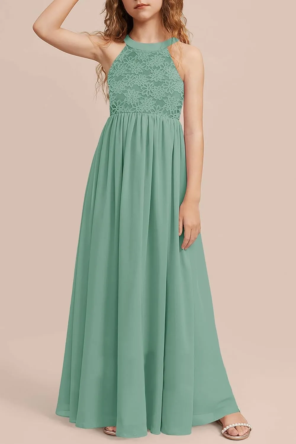 HOSIKA Girls Halter Neck Sleeveless Elegant Lace Chiffon A-line Long Flower Girl Dress for Wedding Party 6-12 Y